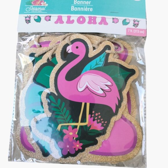 Aloha Flamingo Banner Party Decoration 7 ft Tropical Pink Gold Glitter - Picture 1 of 6